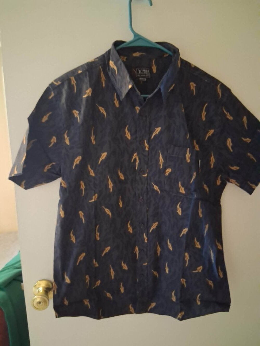Men's Pure Lure fishing gear button down shirt Medium navy & gold NEW